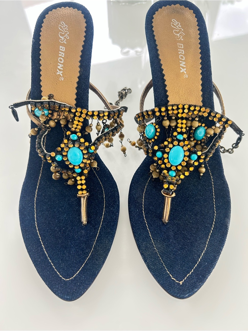 Bronx Navy Sandal with Turquoise & Gold Beaded Accents
